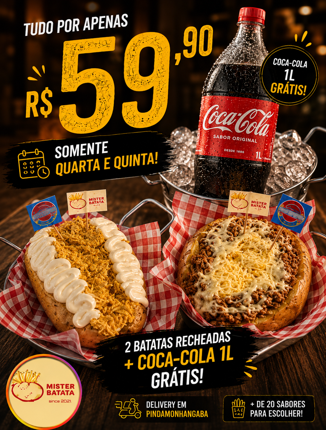 Promoção de quarta e quinta: duas batatas recheadas e Coca-Cola de 1 litro por R$ 59,90